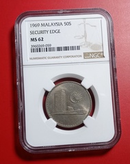 1pc 50sen 1969 Keydate Security Edge NGC MS62 UNC Coin #59