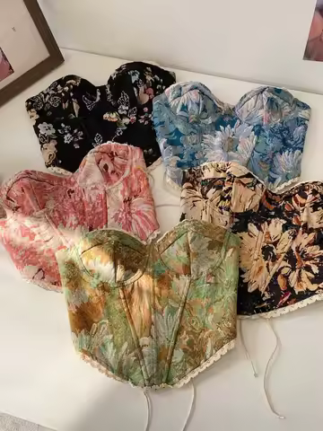 Retro Oil Painting Embroidery Crop Top Women's Design Sense Belted Slimming Asymmetrical ort Base ir