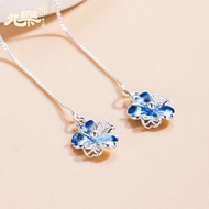 E150 Jiule Heritage Handcrafted Silver Pure Silver 999 Three-Leaf Flower Filigree Ear Threads 9CM wi