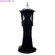 Black Shoulder Feather Fishtail Evening Dress maroon dress feather dress elegent dress