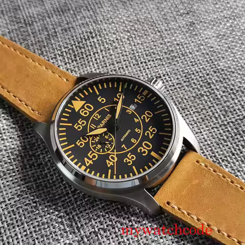 Parnis 44mm Automatic Military Mens Watch 21 Jewels MIYOTA Sapphire Glass Yellow Marks Leather Strap