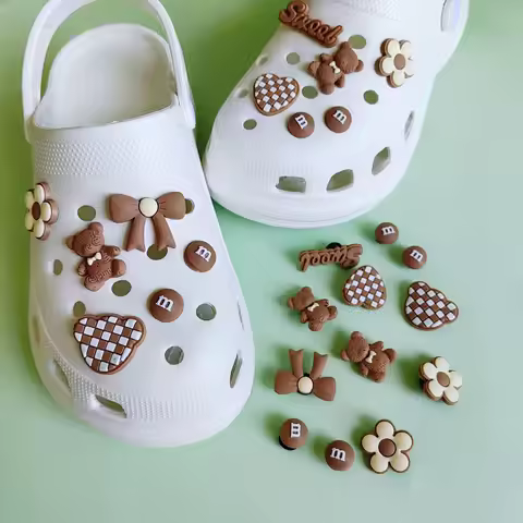 Cute Soft Gum Brown Bear Hole Shoe Charms Accessories Shoe Buckle Detachable M Bean Shoes Flower DIY