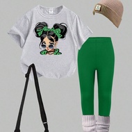 2pcs/Set Girls Casual Fashionable Creative Sunglasses Print T-Shirt And Leggings Set Teen Girl Pants