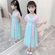 Embroidery Chinese Style Dress for Kids Girl Sale Gown 3-13y Teens Summer Short Sleeves Chiffon Clot