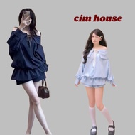 Women's off-the-shoulder dress Set with a bow tie at the chest in flared plaid shape with pants CHOU