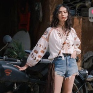 2599 Gleneta Tie Neck Embroidered Boho Top Vintage Style Fashionable Outfit