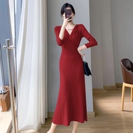 2024 Womens long Dresses Autumn Sleeve Sweater Knitted Dress Korean Party  Womens Clothing Blue Long