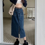 Size 26-32  Slit Jeans Denim Skirt for Women High Waist palda Korean Style A-line Mid-length Wrapped