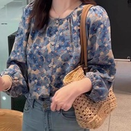 Top Sweet korea Women Floral Mature Sleeve Niche tw Round Neck Printed Style Light Shoulder Puff Spr
