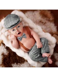 2入組嬰兒攝影道具新生男寶寶拍攝服裝嬰兒紳士套裝格子服裝帽子吊帶褲套裝