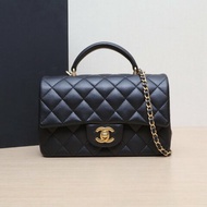 CHANEL CF口蓋包手柄大Mini20黑色羊皮晶片開金扣肩背包