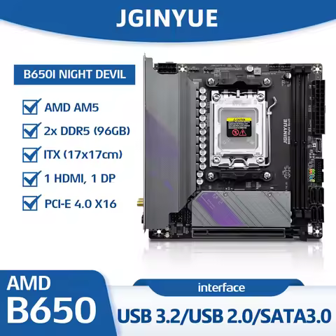 JGINYUE B650I Night Devil Motherboard AMD AM5 slot Ryzen 7000-9000 Series, 2xDDR5 Slots, ITX Gaming 