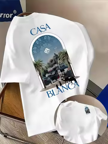 Moroccan City Architecture Beach Print T-Shirt with Casablanca Font Sporty and Casual Women's YTK Fa