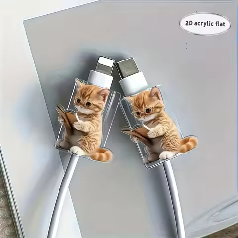 2D Acrylic 2pcs The Learning Kitten Data Cable Protector Adorable Design Connector Cover for iPhone 