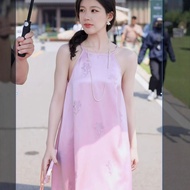 Xu Me Dazzling Round Neck Printed Pink Sling Dress