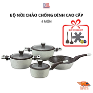 Bộ nồi chảo bếp từ vân đá chống dính cao cấp Mitomo Giyoca 4 món - Hàng chính hãng BH 24 tháng