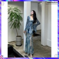 (Trendy2)  Glamorous Blouse Tie Dye Contrast Mesh Front Frill Blouse for Women L106AD939