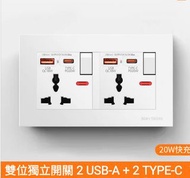 雙位獨立開關 20w USB TYPE-C充電插座