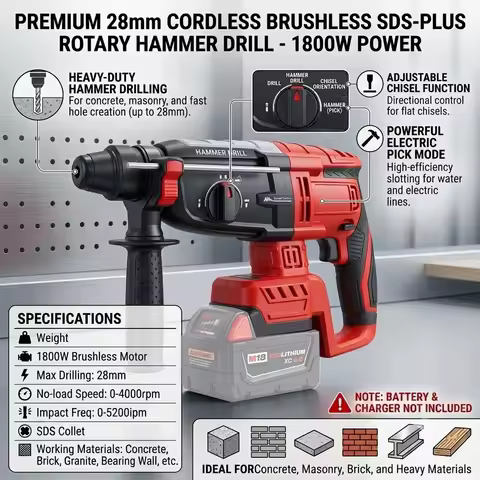 Brushless 28MM Electric Hammer Drill Multifunctional Rotary Cordless Rechargeable PowerTool For Milw
