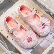 Girls Bow Leather Shoes Spring Autumn Children Sweet Style Sequin Buckle Princess Shoes Cherry Anti-