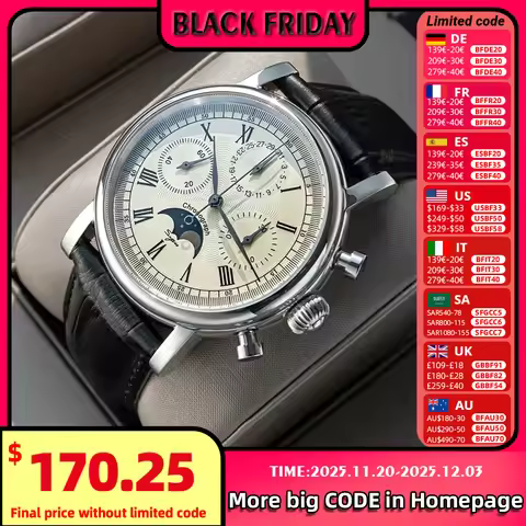 Sugess Chronograph ST1908 Movement Vintage Leather Watch Hand Winding Mechanical 59 Wheels Genuine M