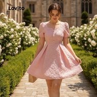 Lovito Gaun Elegan Jacquard Berlipat Kancing untuk Wanita Musim Bunga/Panas Warna Merah Muda L138ED3