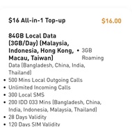 M1 Prepaid $16 All-In-1 Plan (28 Days) | 84GB Multi-Country Data | 3GB Roaming | 200 IDD Mins