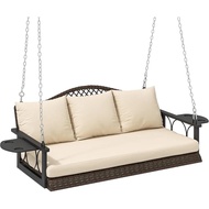 3 Person Wicker Porch Swing Chair Heavy Duty 800 Lbs With Cup Holder, 57 Inch Outdoor Rattan Patio H