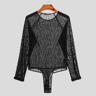 Men Mesh Bodysuits Underwear  See Through O-neck Sexy Long Sleeve Rompers Homewear Printed Lace Men Bodysuits S-5XL INCERUN