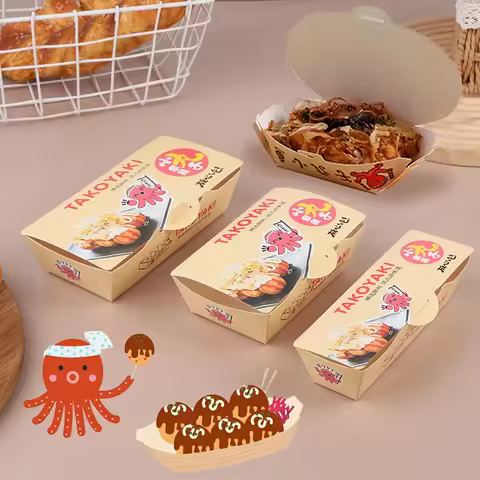 50pcs Octopus Ball Packaging Box Japanese Street Food Takoyaki Disposable Takeaway Snack Packing Pap
