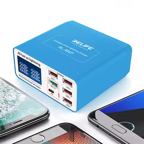 100V-240V PD3.0+QC3.0 Intelligent 6-Port Digital Display Fast Charger for iPhone Samsung Huawei Tabl