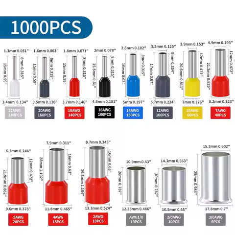 1000PCS Wire Ferrule Kit Copper Crimp Terminals Insulated Pin Cord End Connectors AWG(22 20 18 16 14