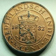 Uang koin kuno 1/2 Cent Nederlandsch Indie Tahun 1932 Luster.