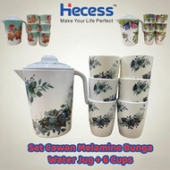 Hecess Set Cawan Melamine Bunga | Water Jug + 6 Cups | Ringan & Tahan Lasak KD255