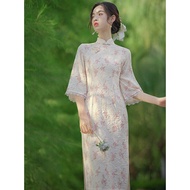 【คลังสินค้าพร้อม】 Cheongsam ลูกไม้ลายดอกไม้สีขาวฤดูร้อนชุดสาววินเทจแห่งชาติจีนแขนหลวมผู้หญิงเดรส S ถึง2XL