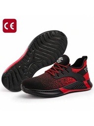 Zapatos de trabajo de seguridad de punta ancha para hombre para trabajadores con sobrepeso; puntera de acero con suela protectora suave, anti-impacto, anti-penetración y antideslizante; tela roja transpirable e impermeable con textura festiva, adecuada para trabajos de construcción