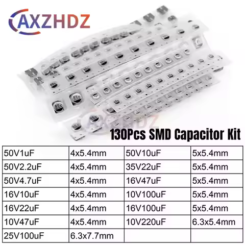 130PCS 4.7uF-220uF SMD Aluminum Electrolytic Capacitor Assorted Kit 10/16/25/35/50V 13values*10pcs C