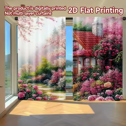 2D flat printing 2pcs Scene Curtains Spring Cottage in Bloom Digital Printed Polyester Drapes Family