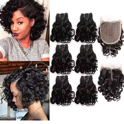 Brazilian Human Hair Curly Bundles With Closure 8-12 inch Short Bouncy Curly Bundles With Closure 4x