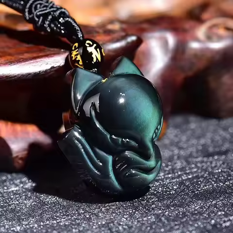 Natural Rainbow Obsidian Hand Carved Nine Tailed Fox Pendant Fashion Boutique Jewelry Men's and Wome