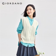 GIORDANO Women Sweaters V-Neck Cable Knit Vests Sleeveless Smooth 7-Gauge Knit Simple Fashion Casual