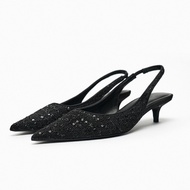 Zara2023 Autumn New Product Women's Shoes Black Sequined Slingback Mules High Heel Shoes Pointed Sexy Cat Heel Sandals