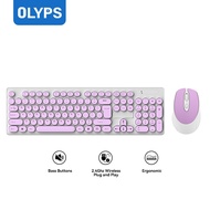 【OLYPS】Wireless Keyboard Mouse Set 2.4Ghz Portable 104 Keys Silent Tuts Bulat Purple Macarons Untuk 