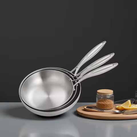 2/3PCS Frying Pan 22/24/26/28CM 304 Stainless Steel 2MM Thick Wok Pan 5 Ply Steel Food Grade Non-Sti