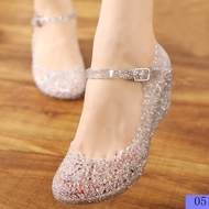✴ Summer New Style Wedge Heel Sandals Women 2023 Outer Wear Anti-Slip Plastic Crystal Shoes Hollow Beach Jelly Hole
