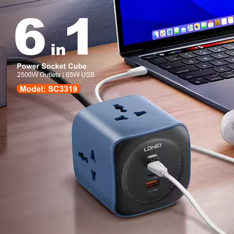 LDNIO cube power strip 65W with surge protection 2M extension cord multiple outlets EU/UK/US plugs U