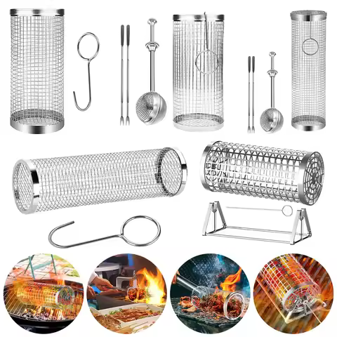 2/5Pcs Cylindrical Grill Basket Stainless Steel Cylinders-Net Tube Barbecue Cage Multifunction for V