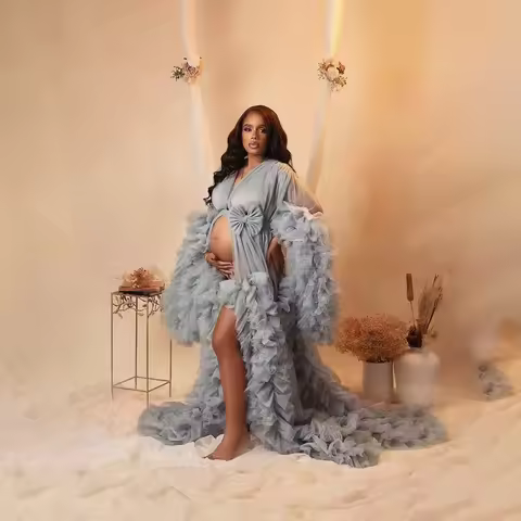 Dusty Blue Maternity Dresses for Photoshoot Layered Extra Puff Sleeves Maternity Gown Bow Photograph