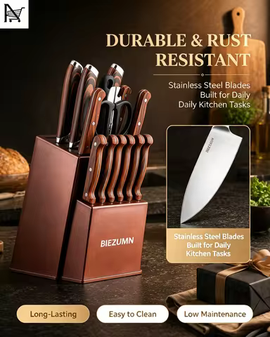 15-Piece Kitchen Knife Set with Knife Holder, Stainless Steel Knife Holder Set, Ultra-Sharp Professi