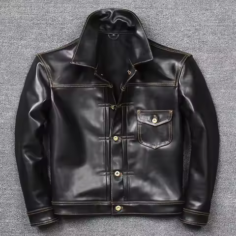 2025 Short Men's Biker Jacket in Top-Grain Horsehide, Model 506, Vintage Vegetable-Tanned and Waxed 